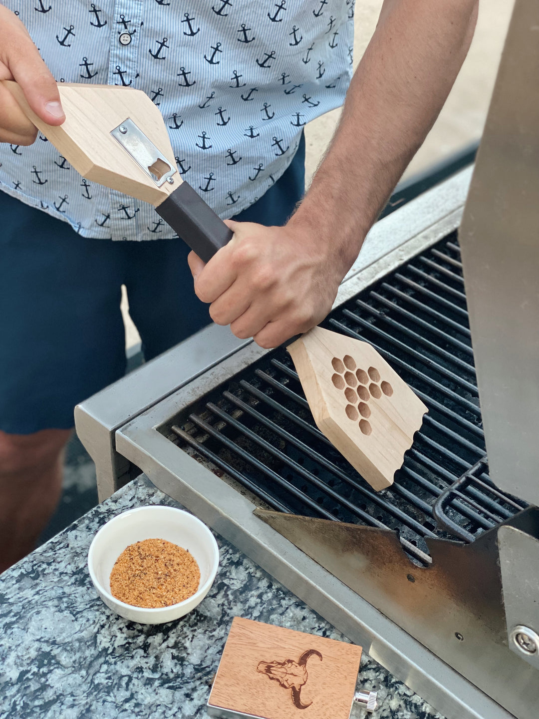 Premium Wood Grill Scraper | With Inset Metal Bottle Opener |100% Made In USA
