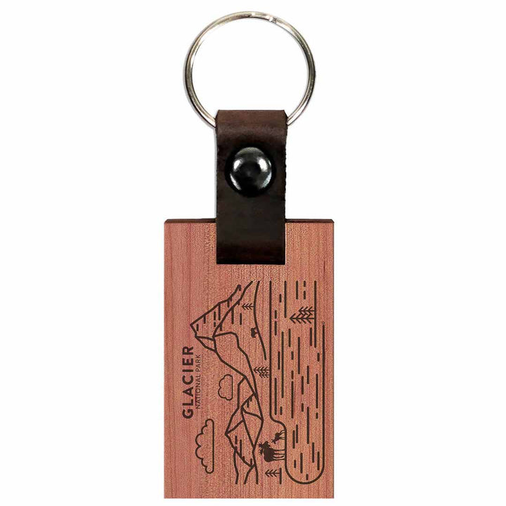 Glacier National Park Wood Premium Key Chain. In cedar wood with leather band and rivet.
