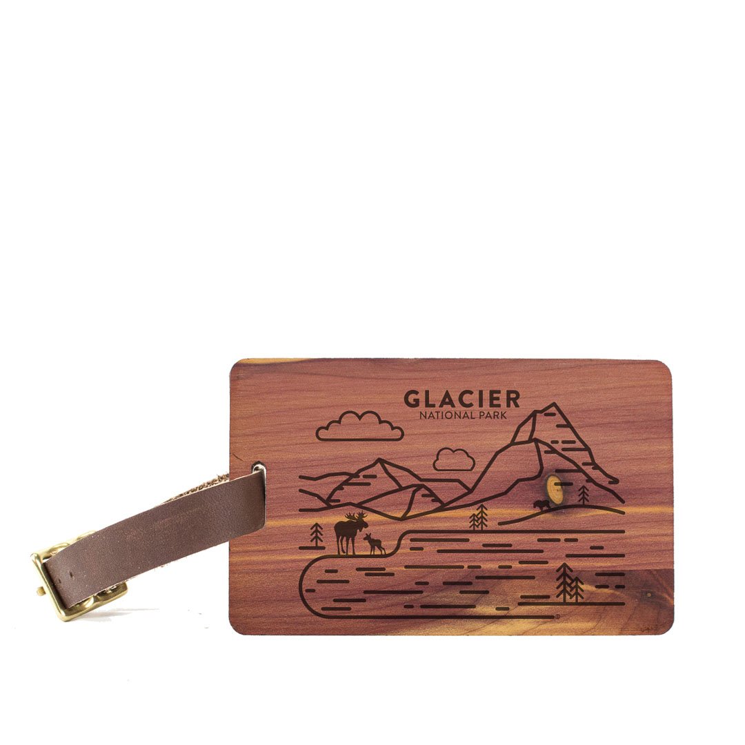 Glacier National Park Wood Luggage Tag. In cedar wood, with leather strap.