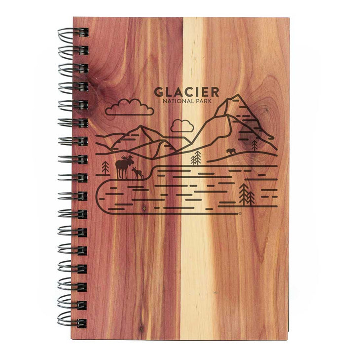Glacier National Park Wood Spiral Journal. In cedar wood with blank or lined pages.